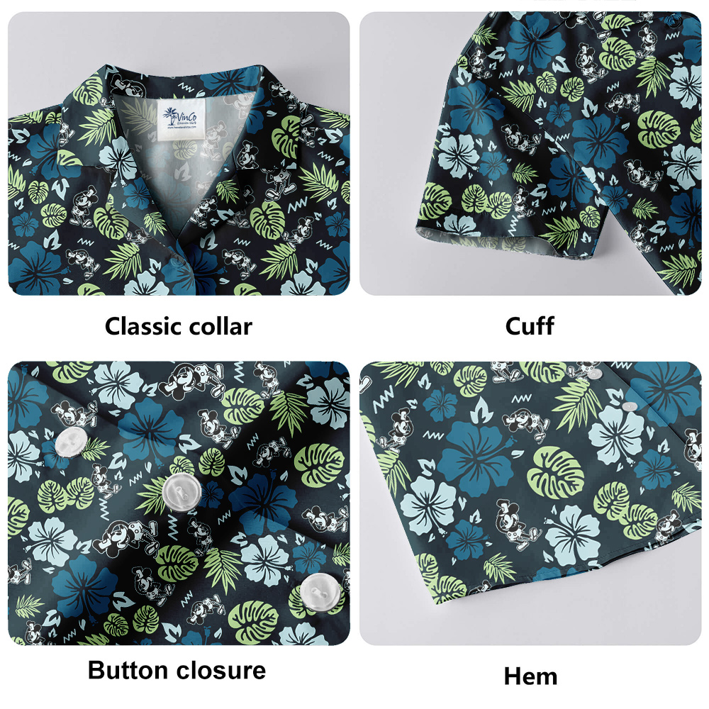 Tropical Hibiscus Steamboat Willie Mickey Green Hawaiian Shirt