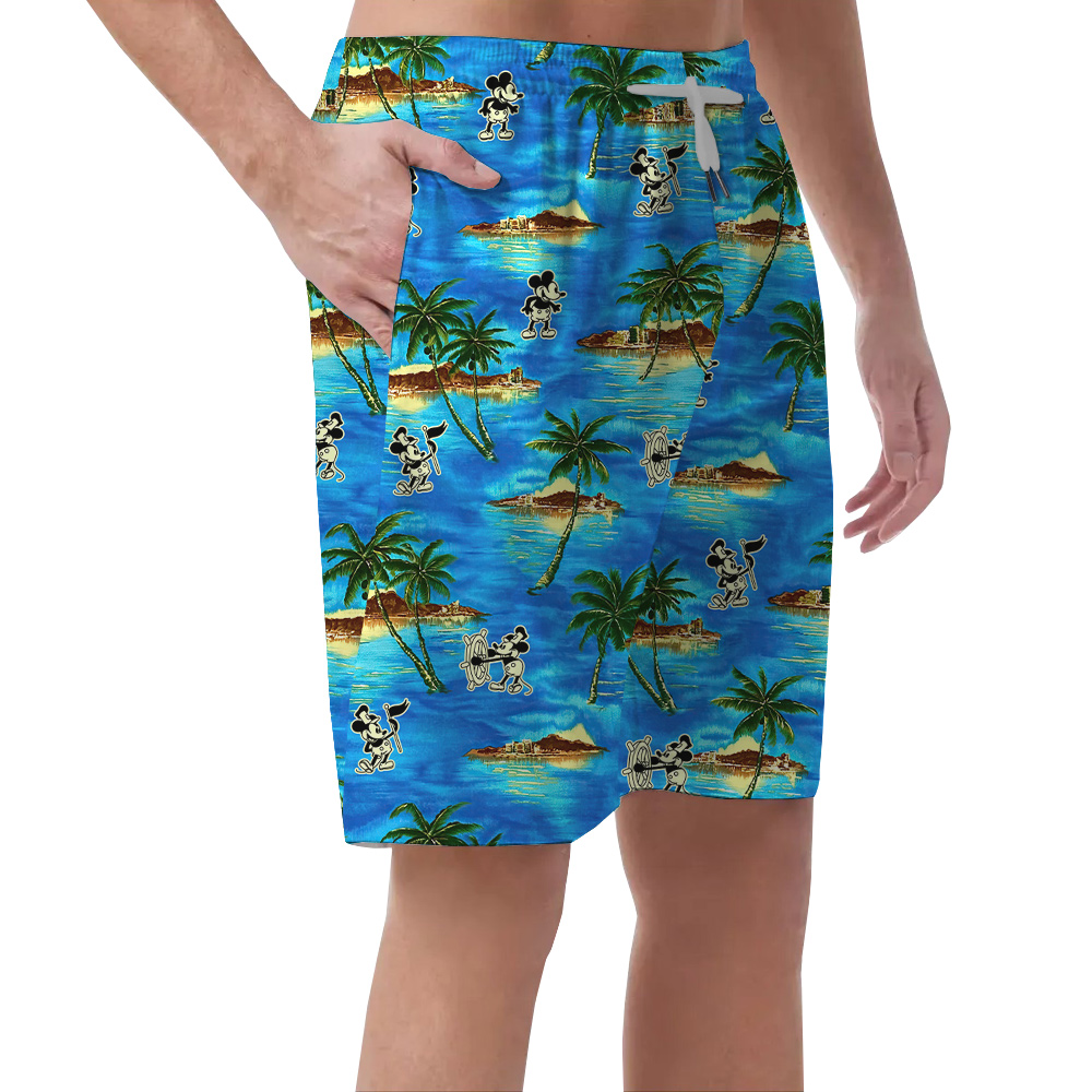 Tropical Palm Tree Mickey Steamboat Willie Blue Hawaiian Beach Shorts