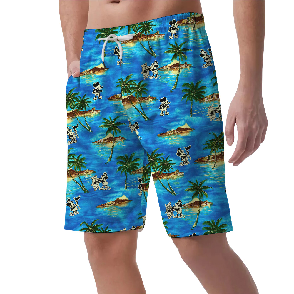 Tropical Palm Tree Mickey Steamboat Willie Blue Hawaiian Beach Shorts