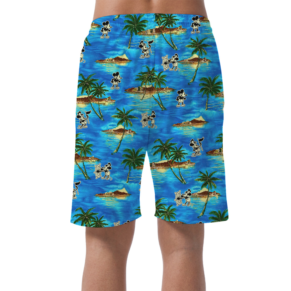 Tropical Palm Tree Mickey Steamboat Willie Blue Hawaiian Beach Shorts