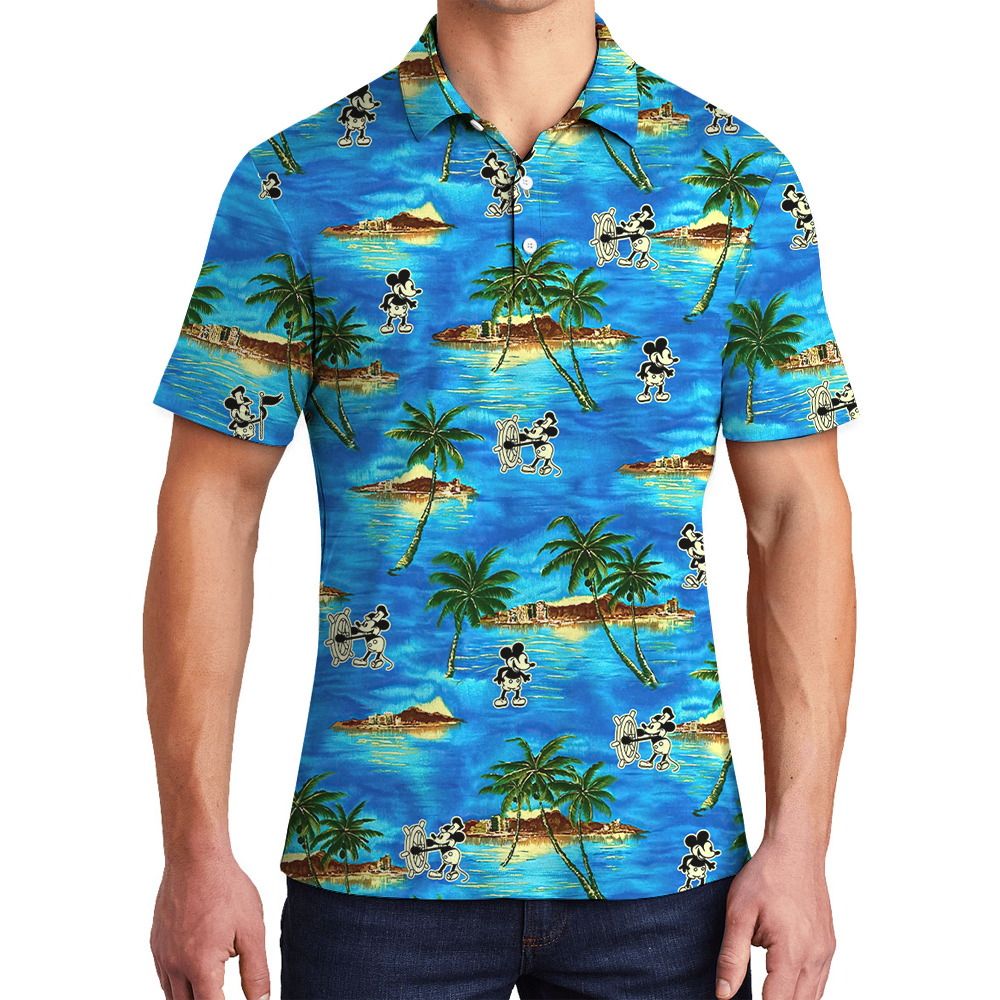 Steamboat Willie Mickey Tropical Islands Blue Hawaiian Polo Shirt - variant image 1