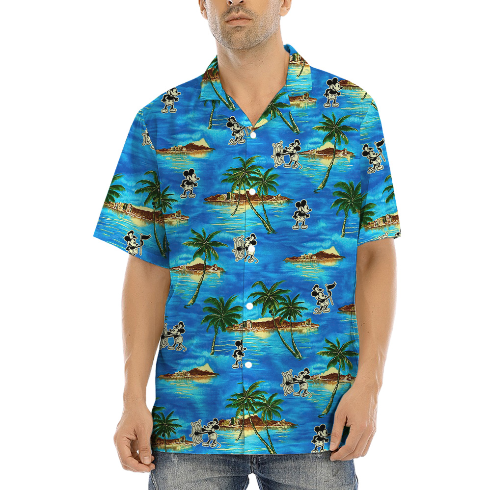 Tropical Islands Steamboat Willie Mickey Blue Hawaiian Shirt - variant image 1