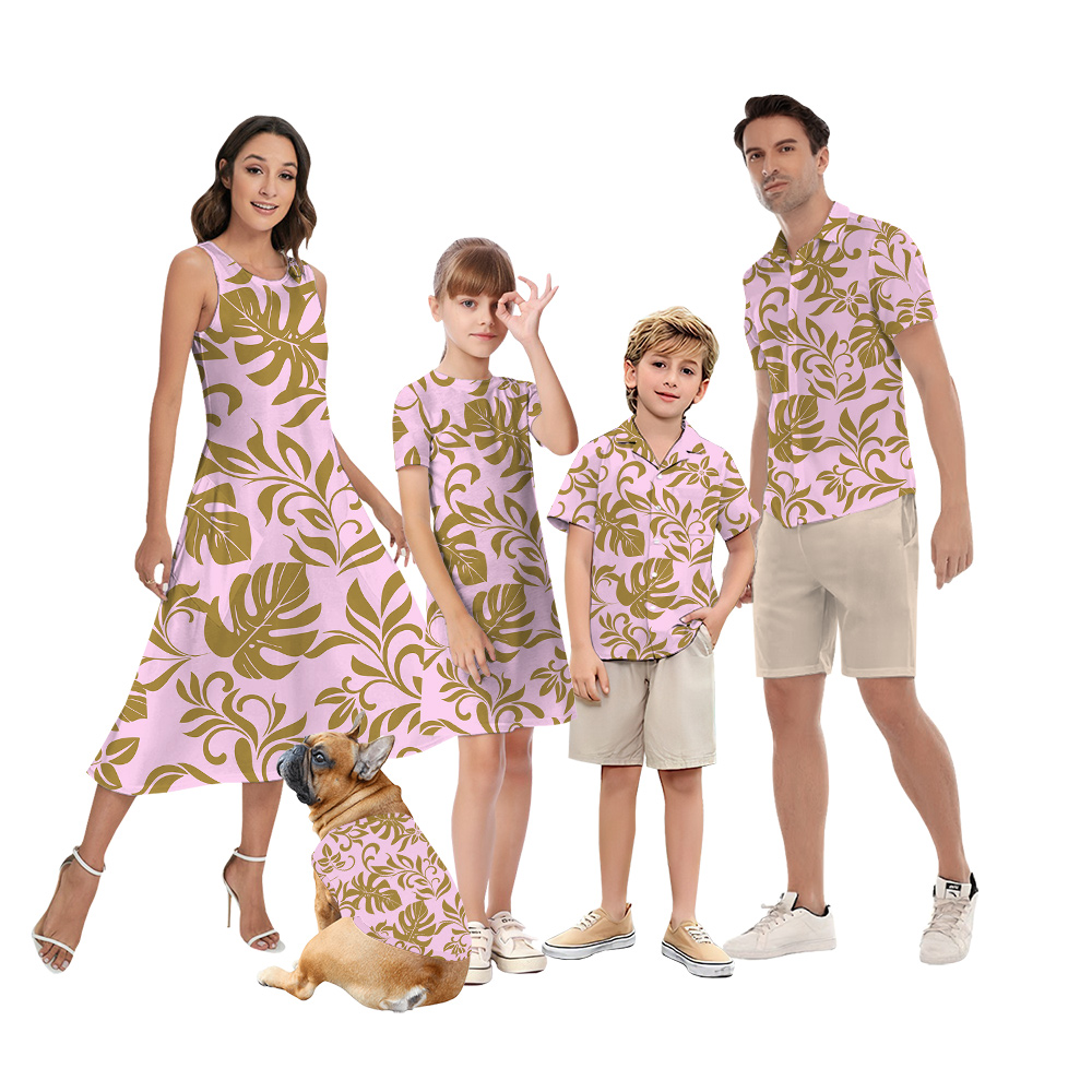Matching Family and Pet Outfits with Gold Tropical Leaves on Pink Canvas - variant image 1