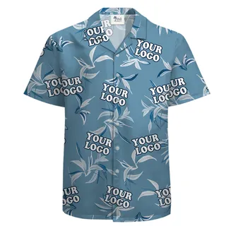 Custom Logo Cotton Button Up Shirt for Men with Blue and White Floral Pattern