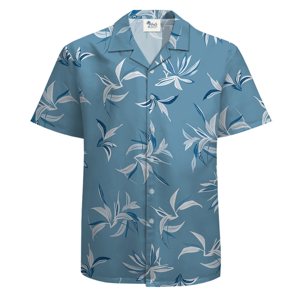 Cotton Button Up Shirt for Men with Blue and White Botanical Pattern - variant image 1