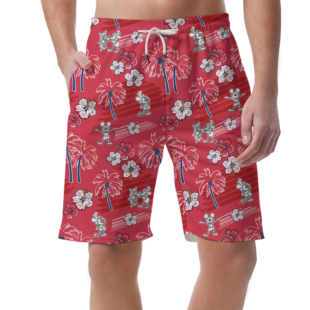 Steamboat Willie Mickey Vintage Floral Red Hawaiian Beach Shorts - variant image 1