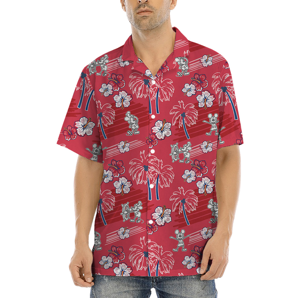Vintage Steamboat Willie Mickey Hibiscus Palm Tree Red Hawaiian Shirt - variant image 1