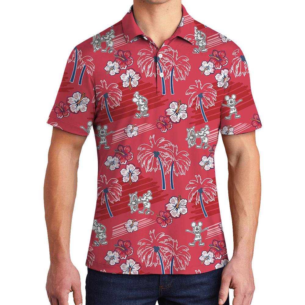 Steamboat Willie Mickey Hibiscus Palm Trees Red Hawaiian Polo Shirt - variant image 1