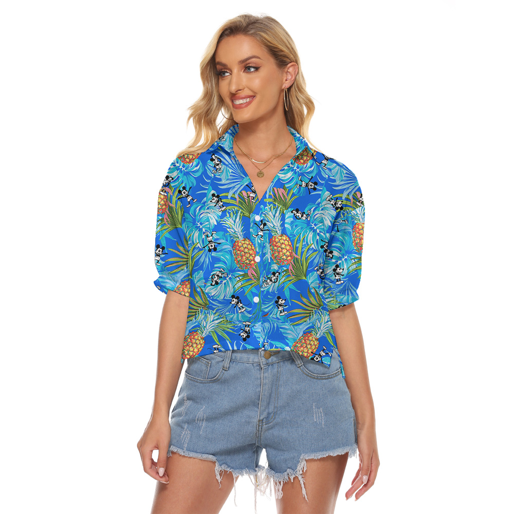 Cute Mickey Steamboat Willie Pineapple Blue Women's Crop Top Shirt - variant image 1