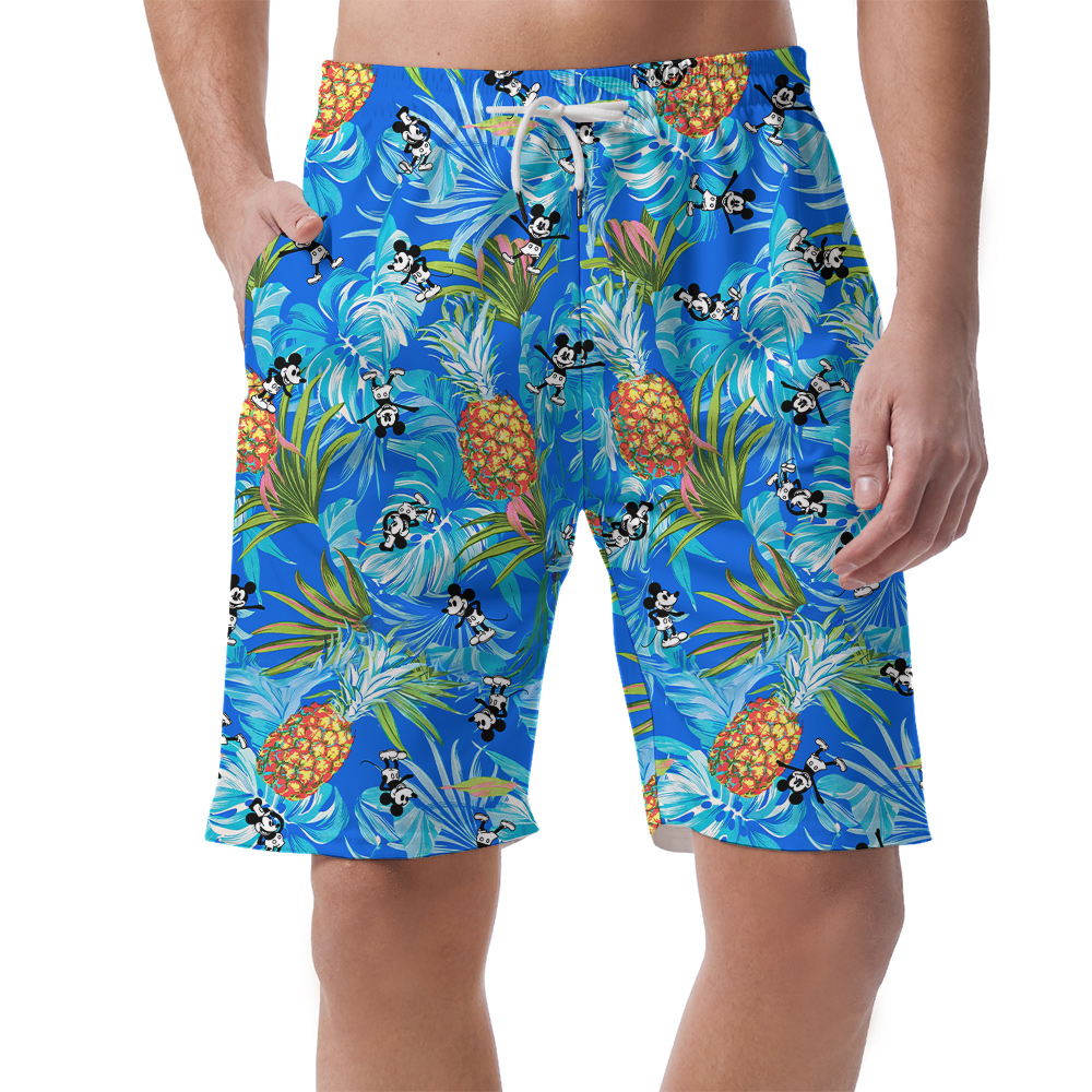 Mickey Steamboat Willie Blue Tropical Hawaiian Beach Shorts - variant image 1