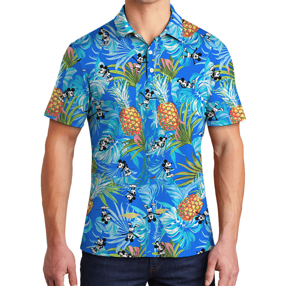 Tropical Pineapple Steamboat Willie Mickey Blue Hawaiian Polo Shirt - variant image 1