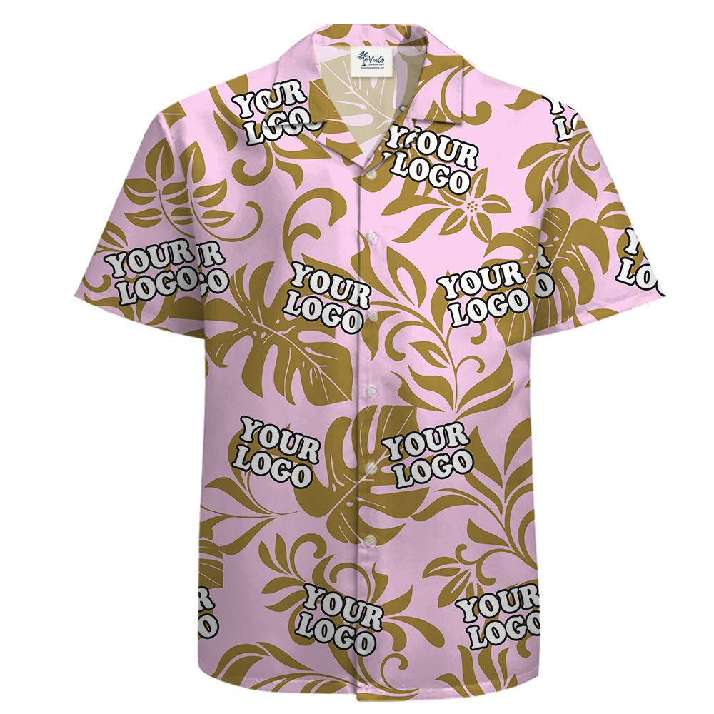 Custom Logo Button-up Short Sleeve Cotton Pink Hawaiian Shirt - variant image 1