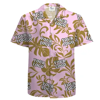 Custom Logo Button-up Short Sleeve Cotton Pink Hawaiian Shirt