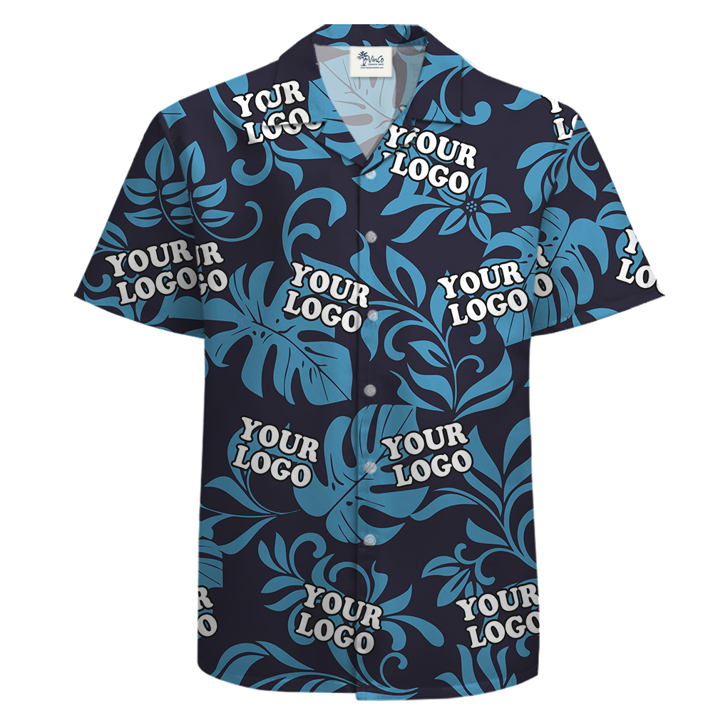 Custom Logo Button-up Short Sleeve Cotton Blue Hawaiian Shirt Mens - variant image 1