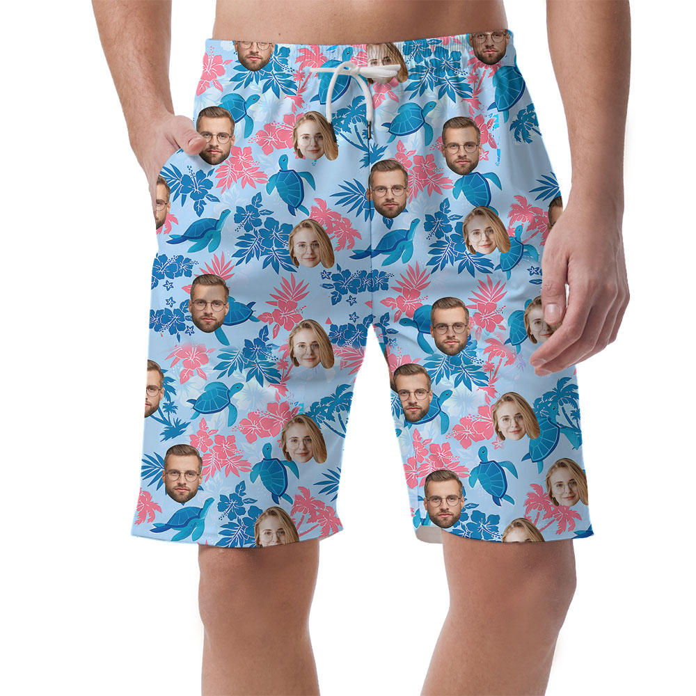 Blue Custom Turtle Men's Shorts With 1-4 Faces - variant image 1