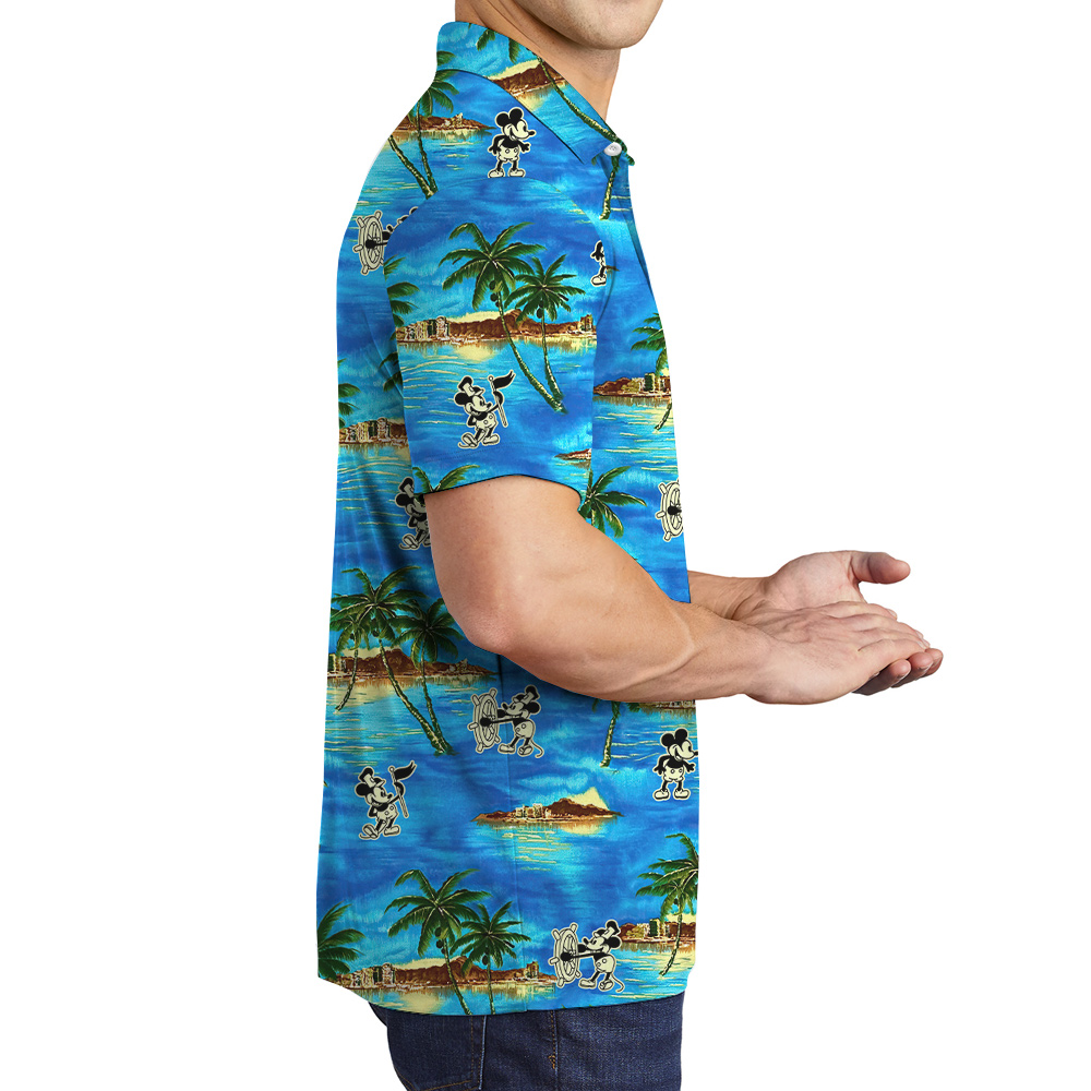 Steamboat Willie Mickey Tropical Islands Blue Hawaiian Polo Shirt