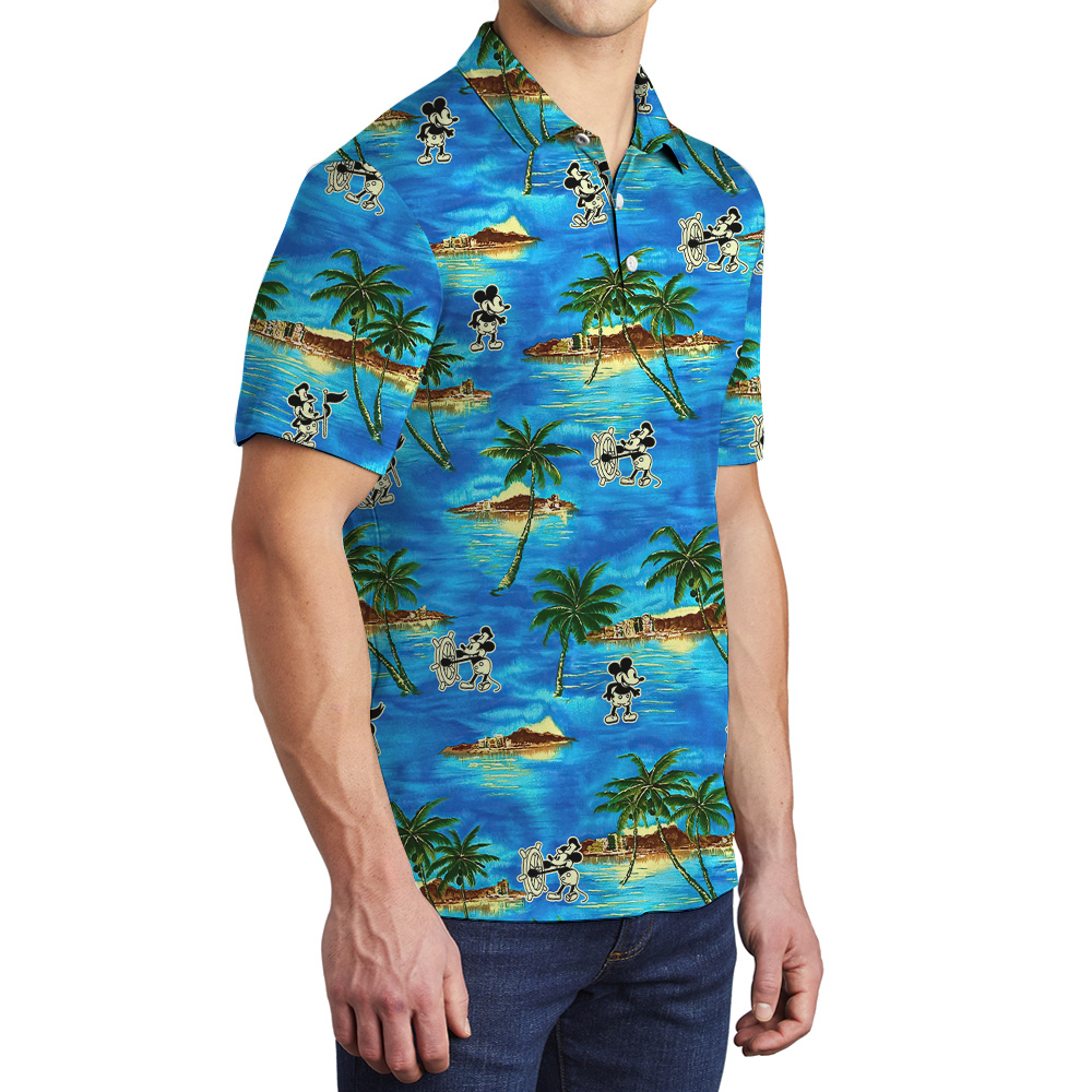 Steamboat Willie Mickey Tropical Islands Blue Hawaiian Polo Shirt