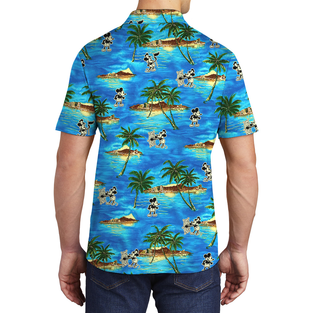 Steamboat Willie Mickey Tropical Islands Blue Hawaiian Polo Shirt