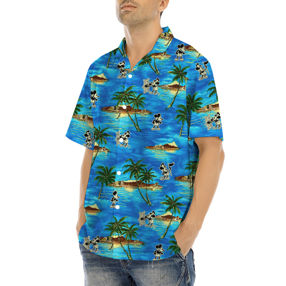 Tropical Islands Steamboat Willie Mickey Blue Hawaiian Shirt