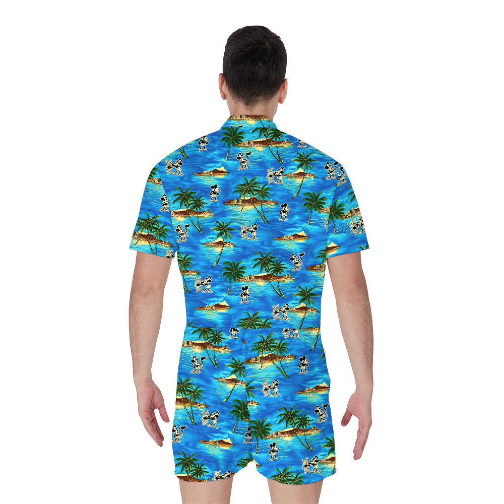 Mickey Steamboat Willie Palm Trees Tropical Blue Men's Hawaiian Romper