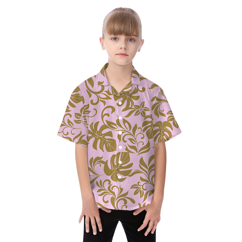 Matching Family and Pet Outfits with Gold Tropical Leaves on Pink Canvas