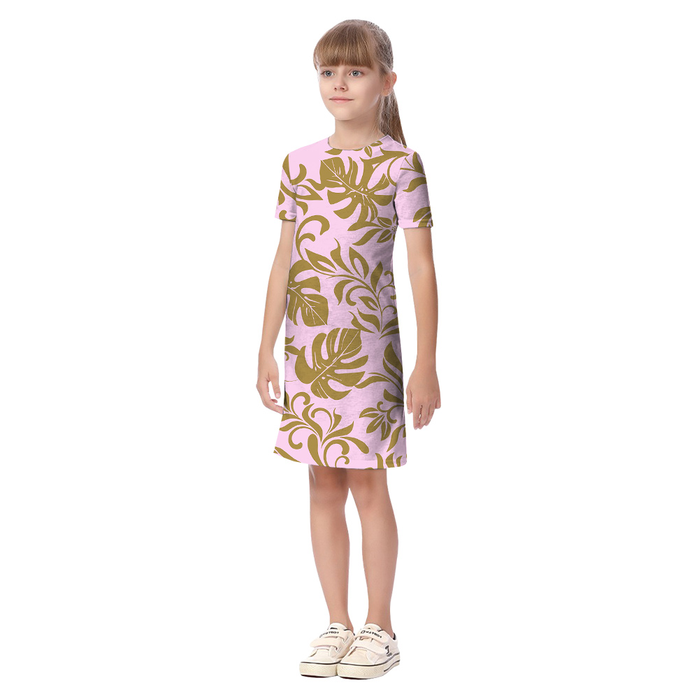 Matching Family and Pet Outfits with Gold Tropical Leaves on Pink Canvas