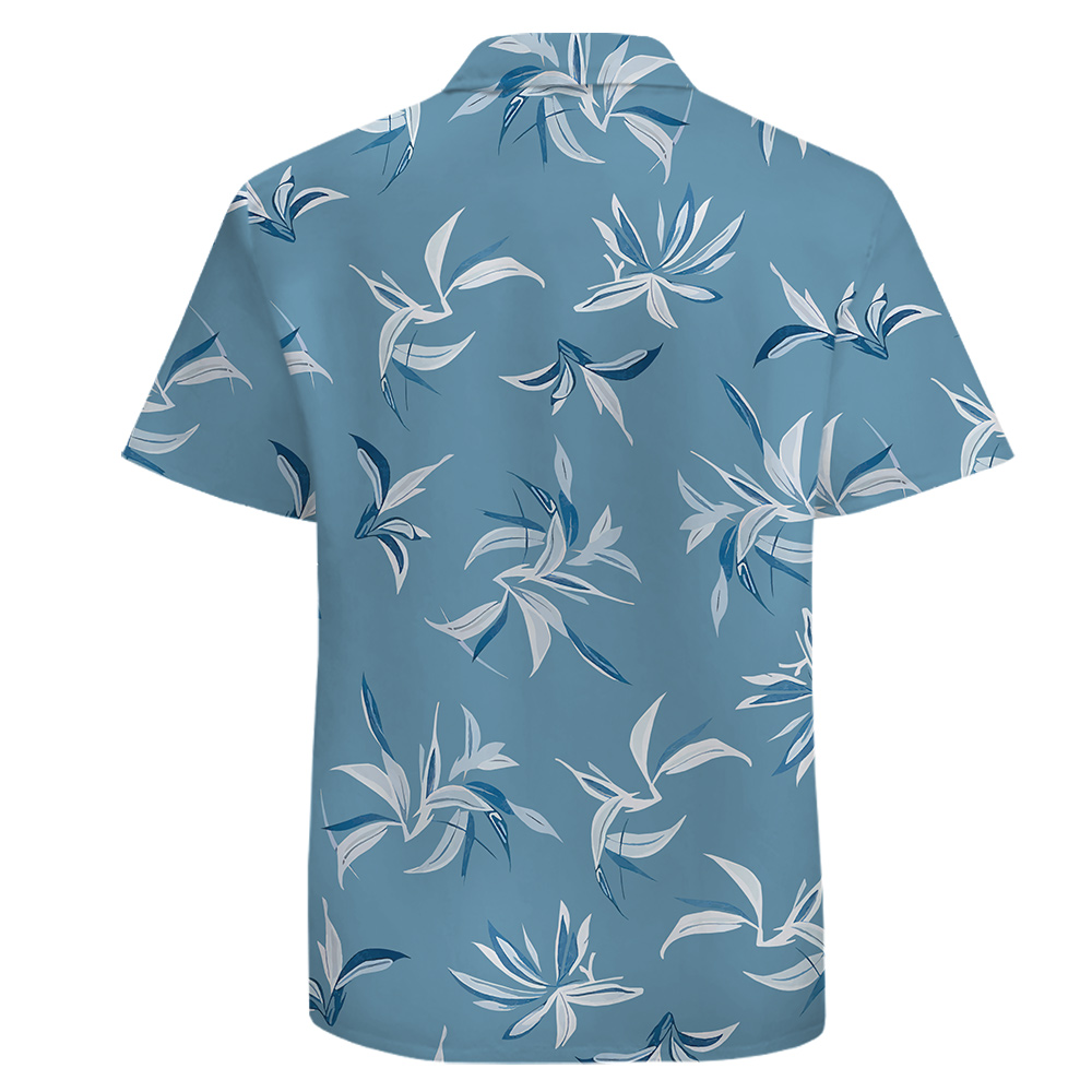 Cotton Button Up Shirt for Men with Blue and White Botanical Pattern