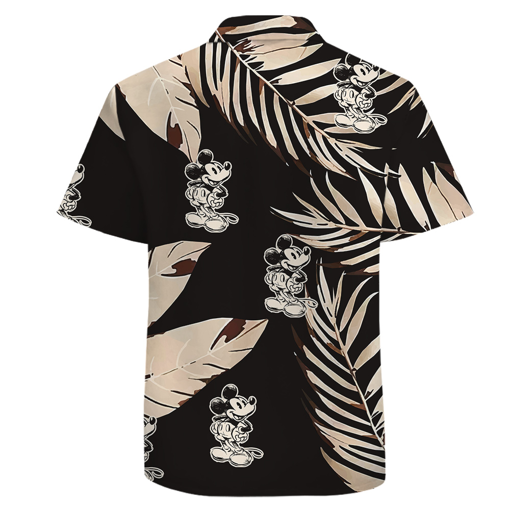 Cotton Button Up Shirt with Mickey 1928 Black Areca Palm and Bird Leaves