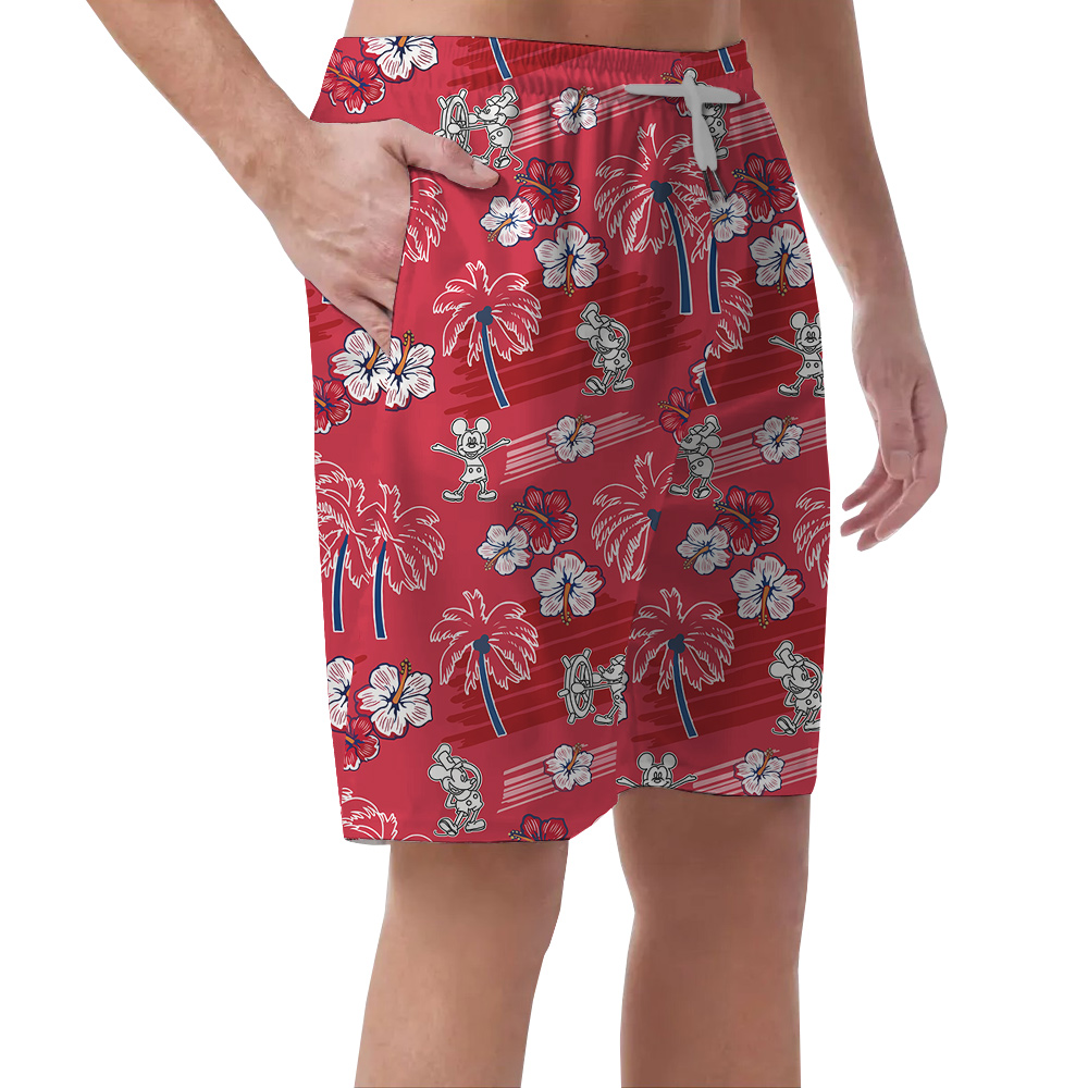 Steamboat Willie Mickey Vintage Floral Red Hawaiian Beach Shorts