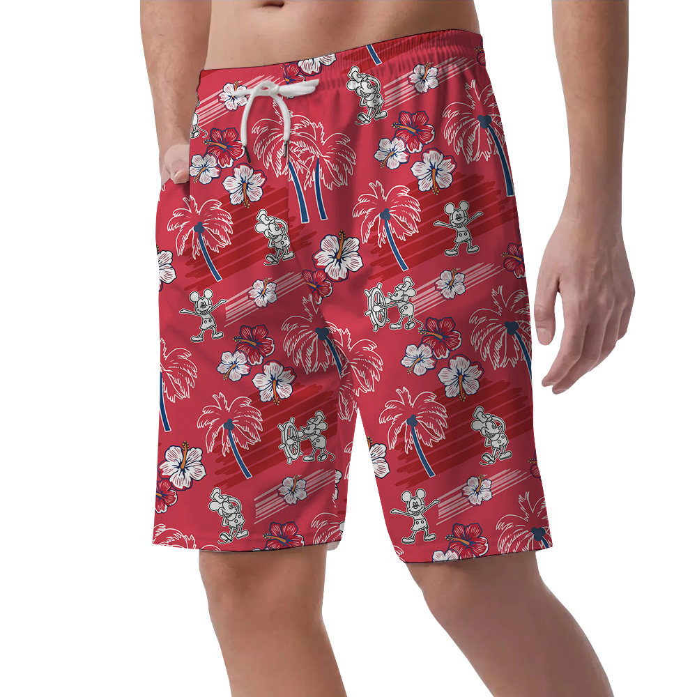 Steamboat Willie Mickey Vintage Floral Red Hawaiian Beach Shorts