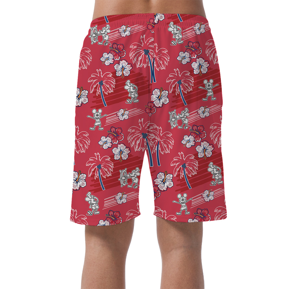 Steamboat Willie Mickey Vintage Floral Red Hawaiian Beach Shorts