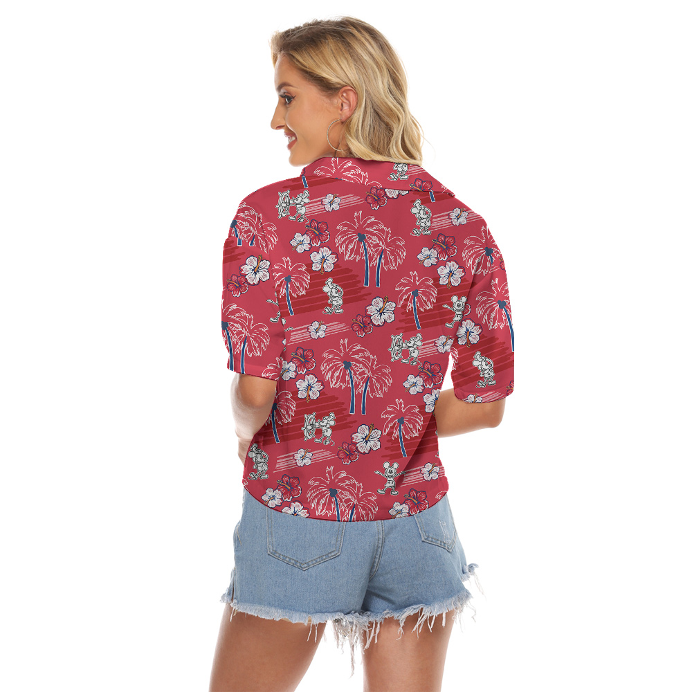 Cute Mickey Steamboat Willie Hibiscus Vintage Red Hawaiian Cropped Shirt