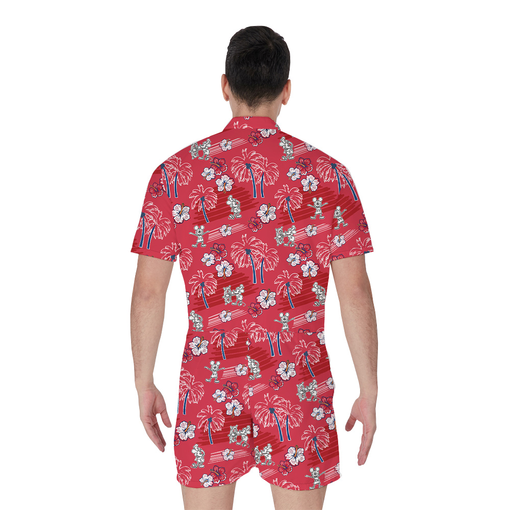 Vintage Mickey Steamboat Willie Floral Red Hawaiian Romper For Men