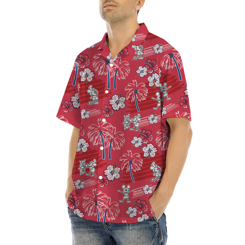 Vintage Steamboat Willie Mickey Hibiscus Palm Tree Red Hawaiian Shirt