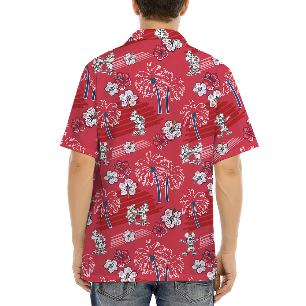 Vintage Steamboat Willie Mickey Hibiscus Palm Tree Red Hawaiian Shirt