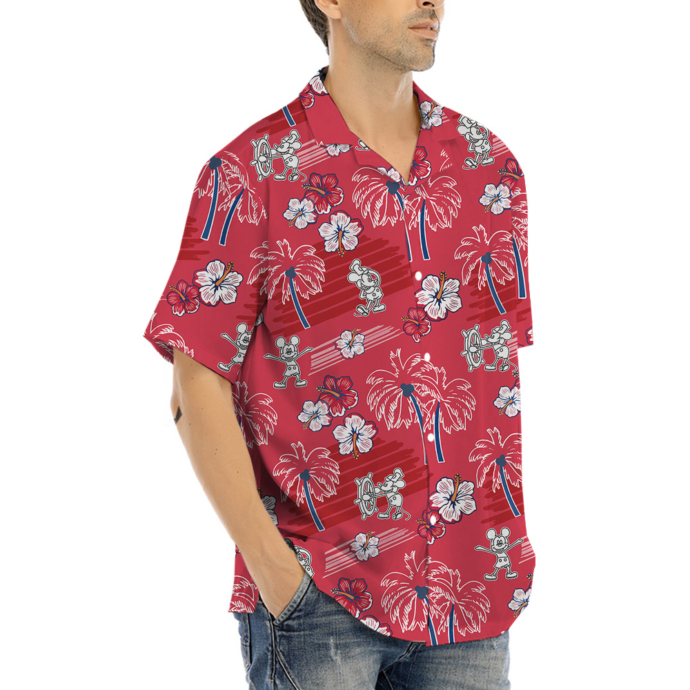 Vintage Steamboat Willie Mickey Hibiscus Palm Tree Red Hawaiian Shirt