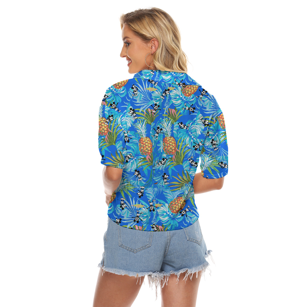 Cute Mickey Steamboat Willie Pineapple Blue Women's Crop Top Shirt