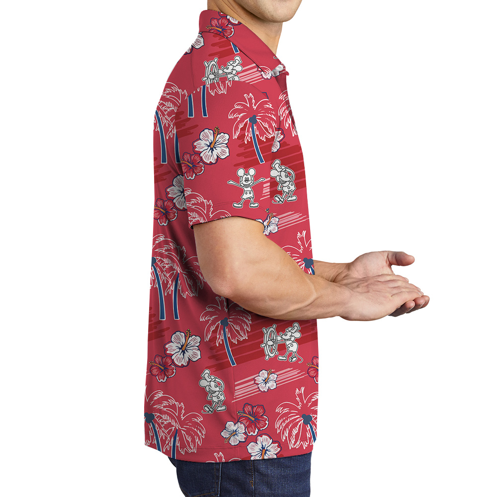 Steamboat Willie Mickey Hibiscus Palm Trees Red Hawaiian Polo Shirt