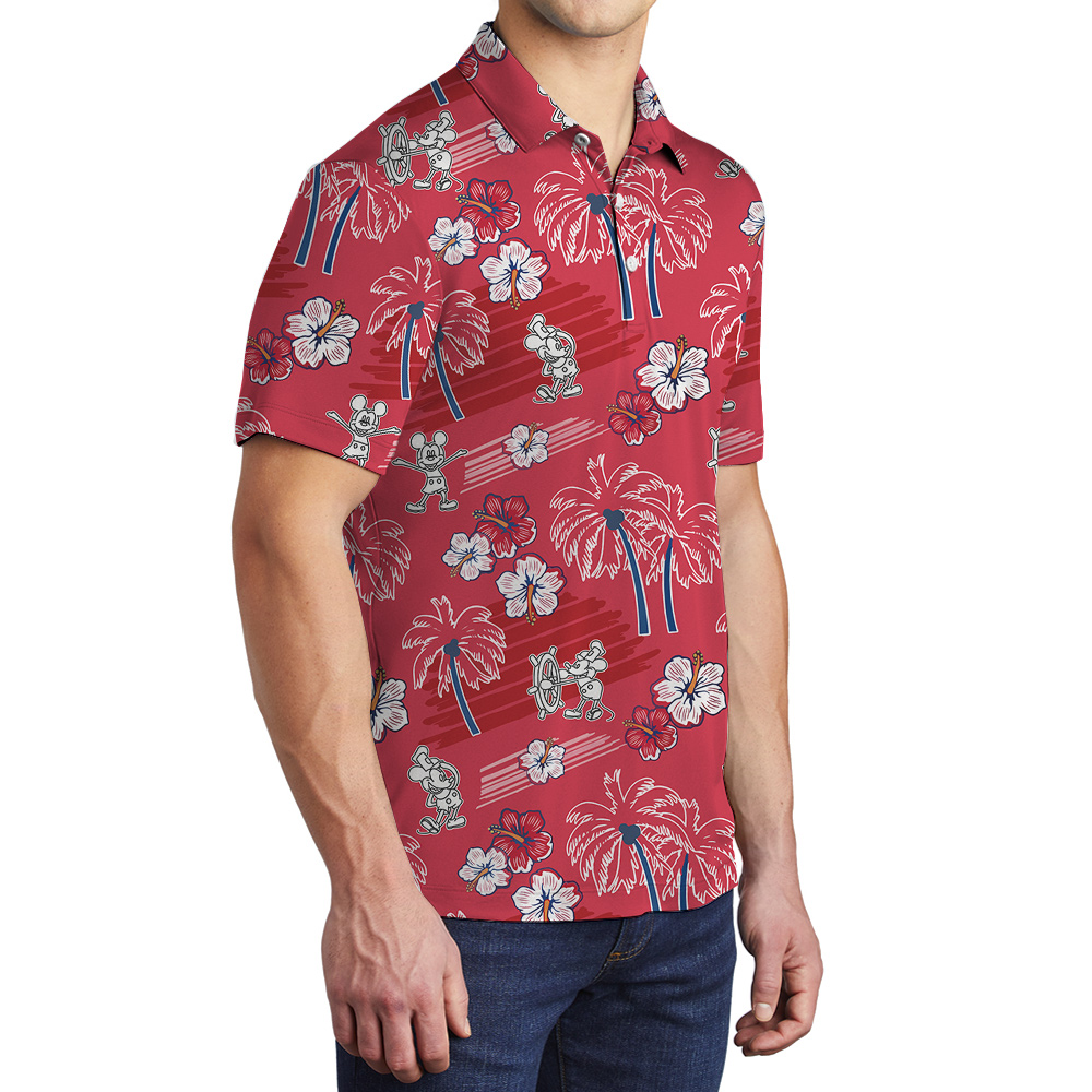 Steamboat Willie Mickey Hibiscus Palm Trees Red Hawaiian Polo Shirt