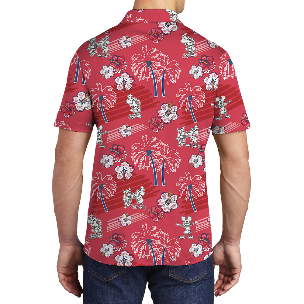 Steamboat Willie Mickey Hibiscus Palm Trees Red Hawaiian Polo Shirt