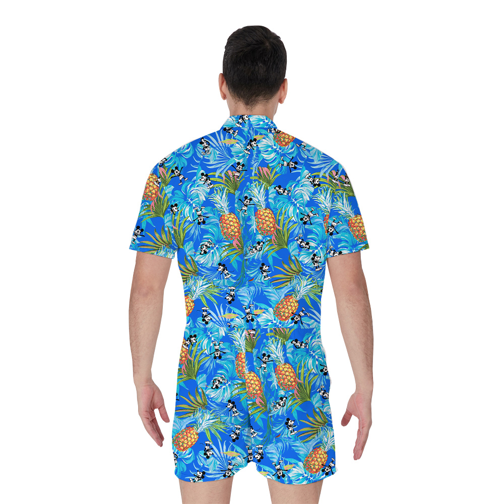 Cute Mickey Steamboat Willie Tropical Pineapple Blue Men's Hawaiian Romper