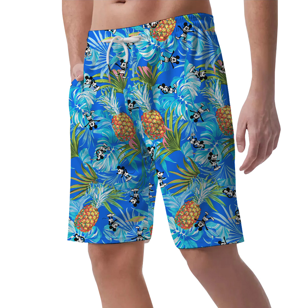 Mickey Steamboat Willie Blue Tropical Hawaiian Beach Shorts