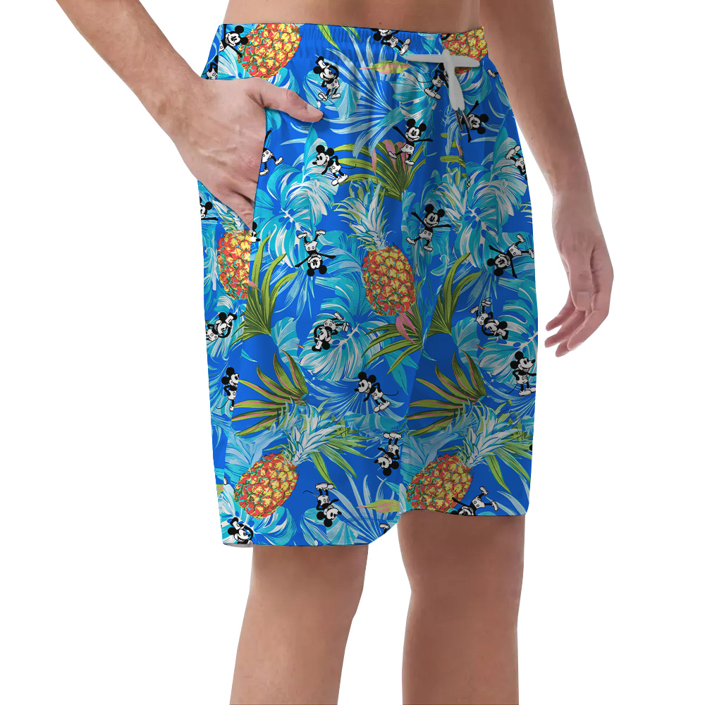 Mickey Steamboat Willie Blue Tropical Hawaiian Beach Shorts