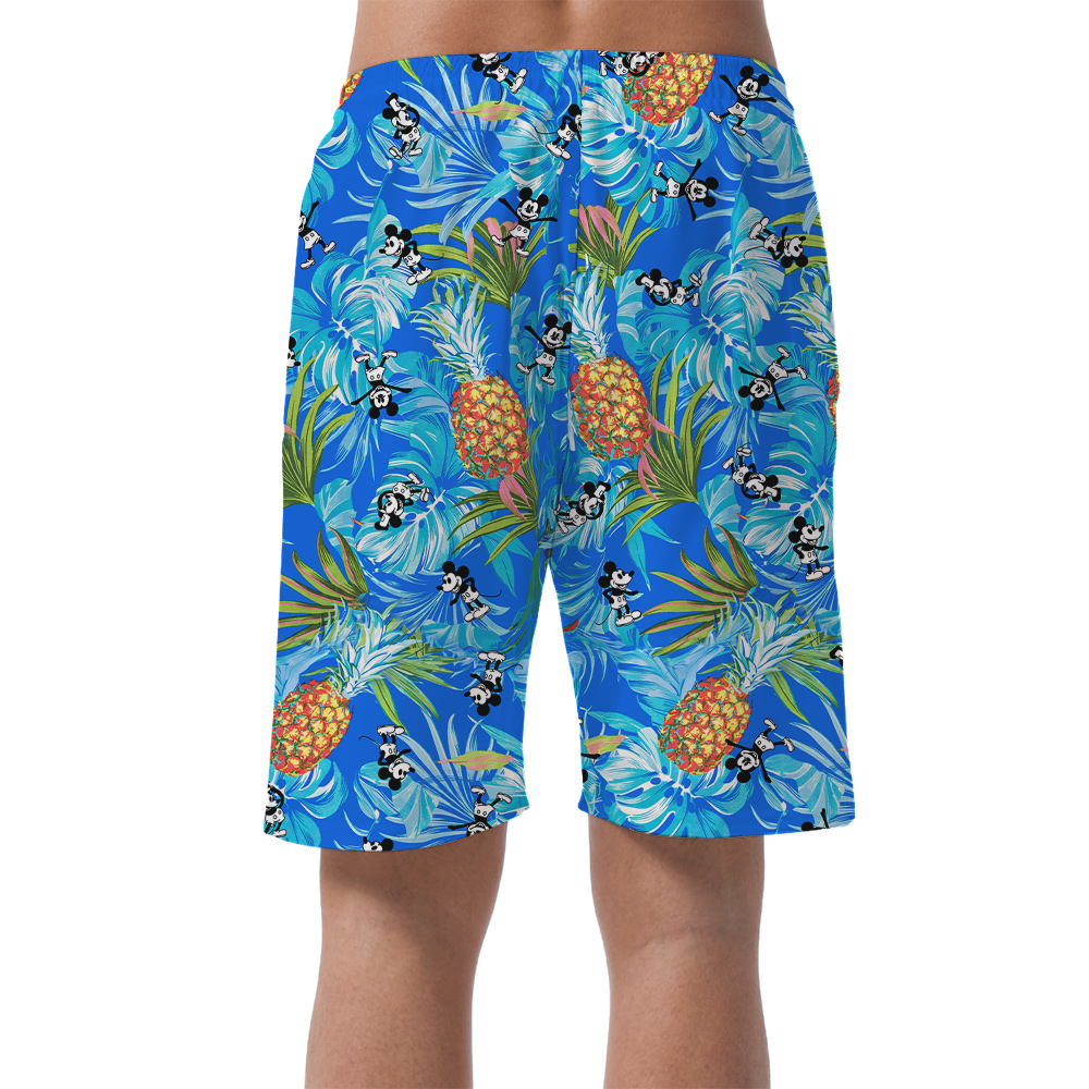 Mickey Steamboat Willie Blue Tropical Hawaiian Beach Shorts