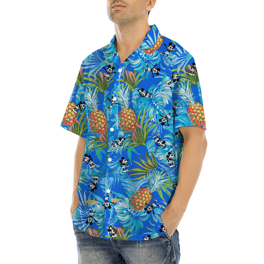 Steamboat Willie Mickey Pineapple Blue Hawaiian Shirt