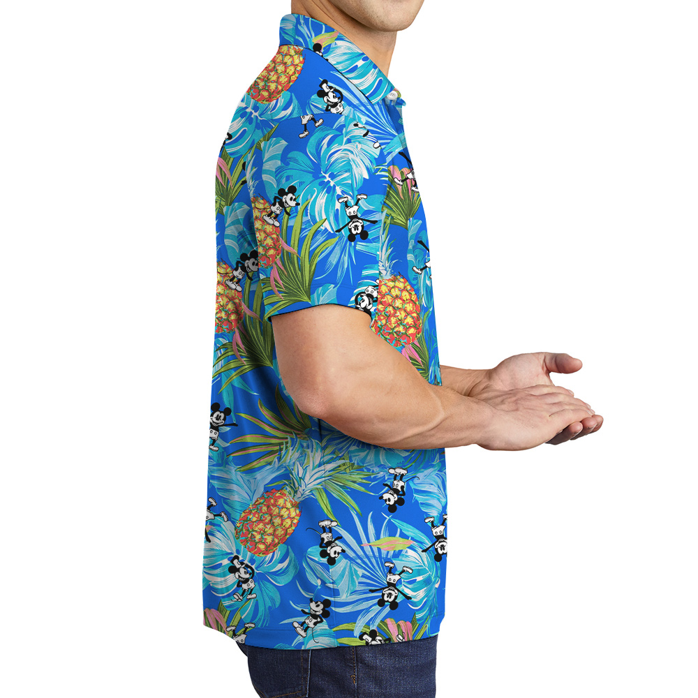 Tropical Pineapple Steamboat Willie Mickey Blue Hawaiian Polo Shirt