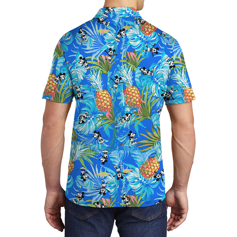 Tropical Pineapple Steamboat Willie Mickey Blue Hawaiian Polo Shirt