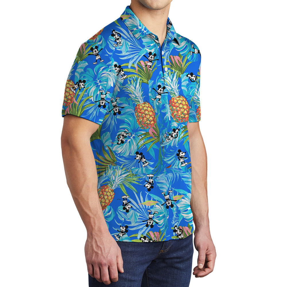 Tropical Pineapple Steamboat Willie Mickey Blue Hawaiian Polo Shirt