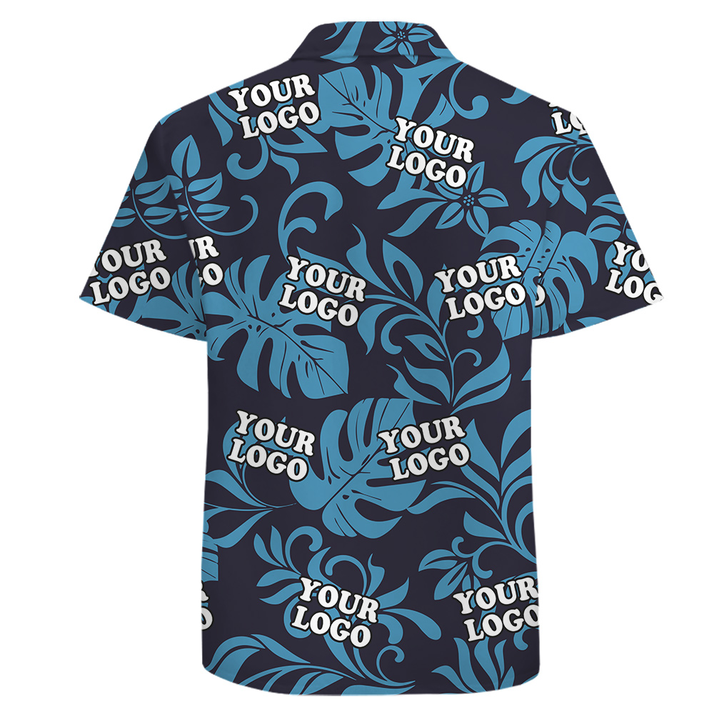 Custom Logo Button-up Short Sleeve Cotton Blue Hawaiian Shirt Mens