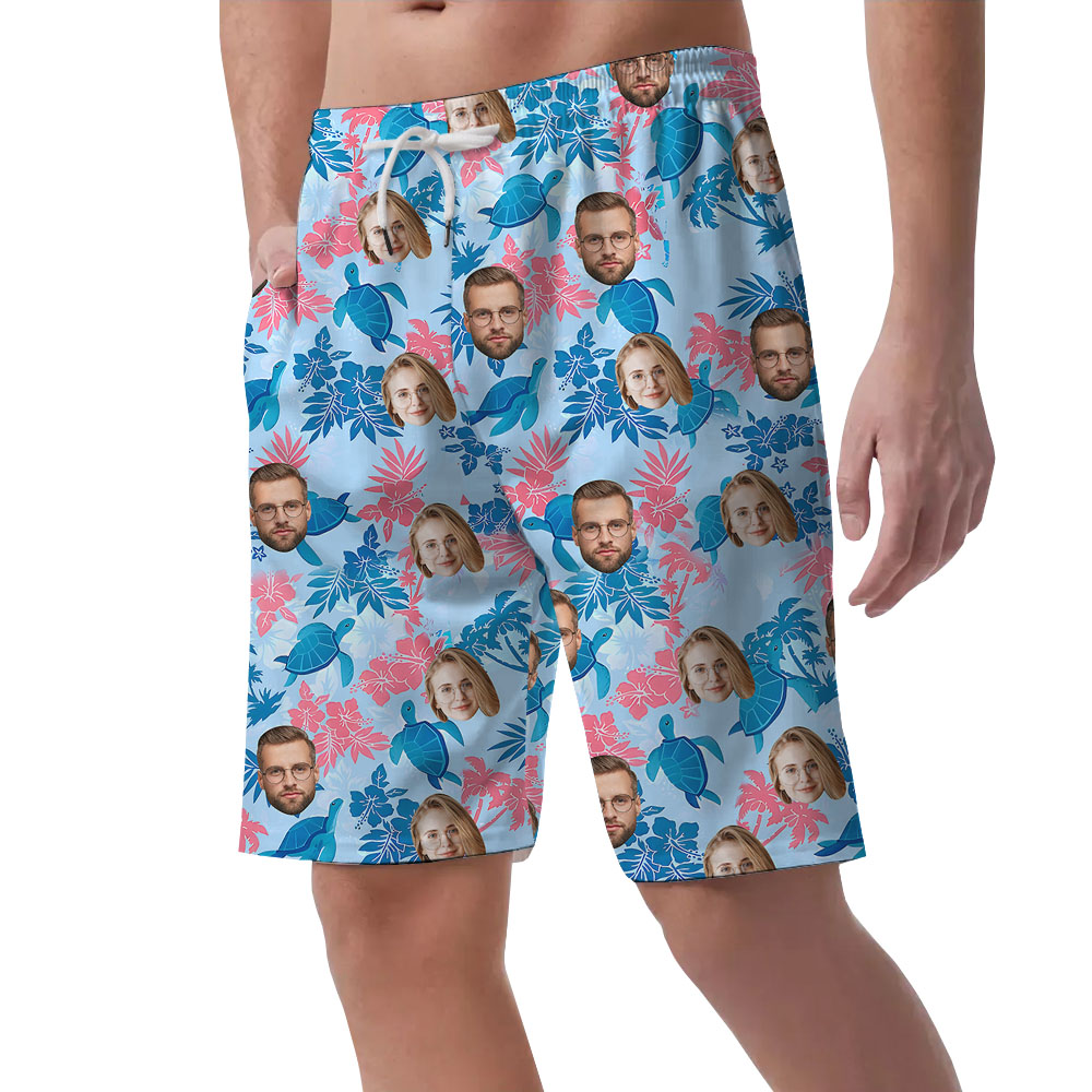 Blue Custom Turtle Men's Shorts With 1-4 Faces